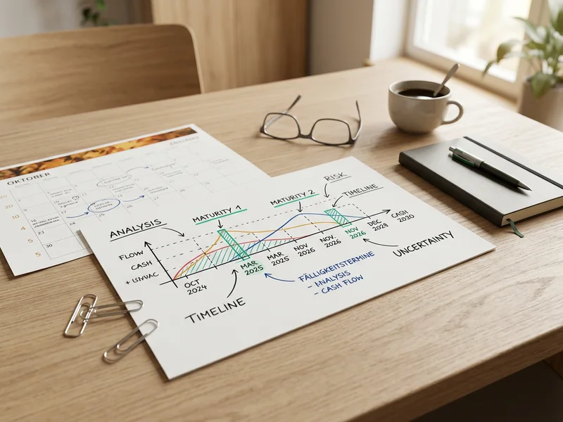 Illustrativer Schuldenspiegel mit markierten Fälligkeitsterminen, Kalenderblatt und zwei Büroklammern.