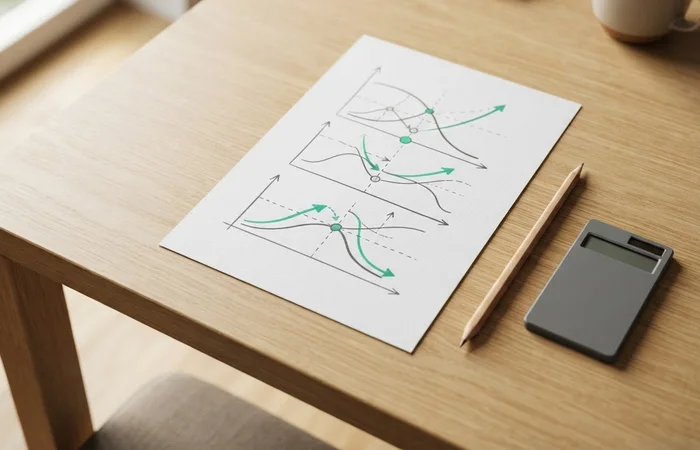 Blatt mit schematischem Zinsdiagramm, Bleistift und Taschenrechner auf einem Schreibtisch.