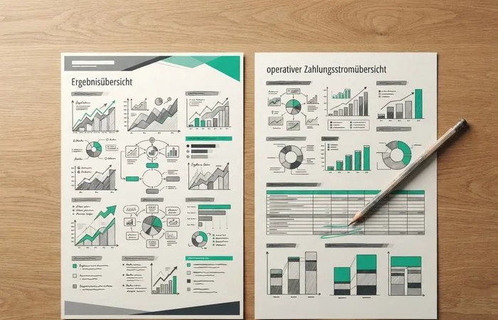 Erfundene Ergebnisübersicht und Zahlungsstromübersicht nebeneinander, mit einem Bleistift auf einer Zeile.