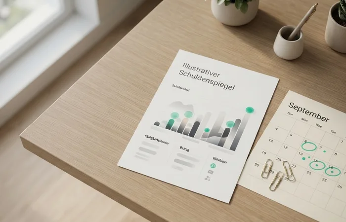 Illustrativer Schuldenspiegel mit markierten Fälligkeitsterminen, Kalenderblatt und zwei Büroklammern.