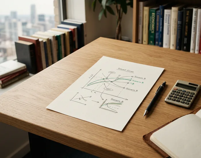 Blatt mit schematischem Zinsdiagramm, Bleistift und Taschenrechner auf einem Schreibtisch.